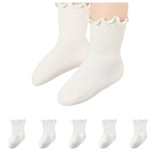 5 Pairs Toddler Socks Baby Crew Cotton Cuff Socks for Infant Girls 1-3T White