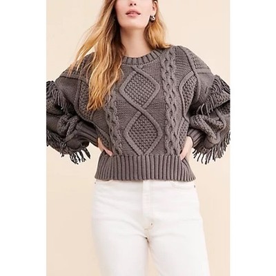 Line & Dot Jasper Fringe Sweater XS Gray Cable Knit CottageCore CabinCore NWT