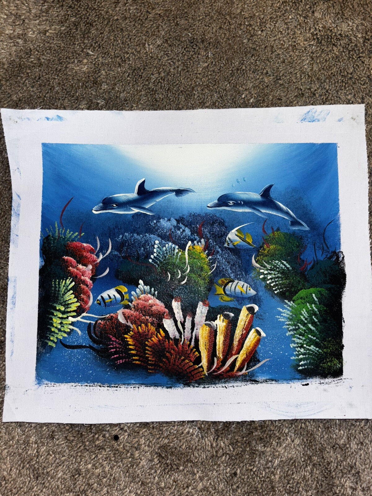 Underwater Dolphins Coral Fish Real Oil Painting On Canvas Background 9”x11”