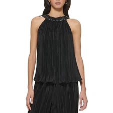 NWT, DKNY Flowing Mini Pleat Open Shoulder Pullover Blouse, Black, sz Large