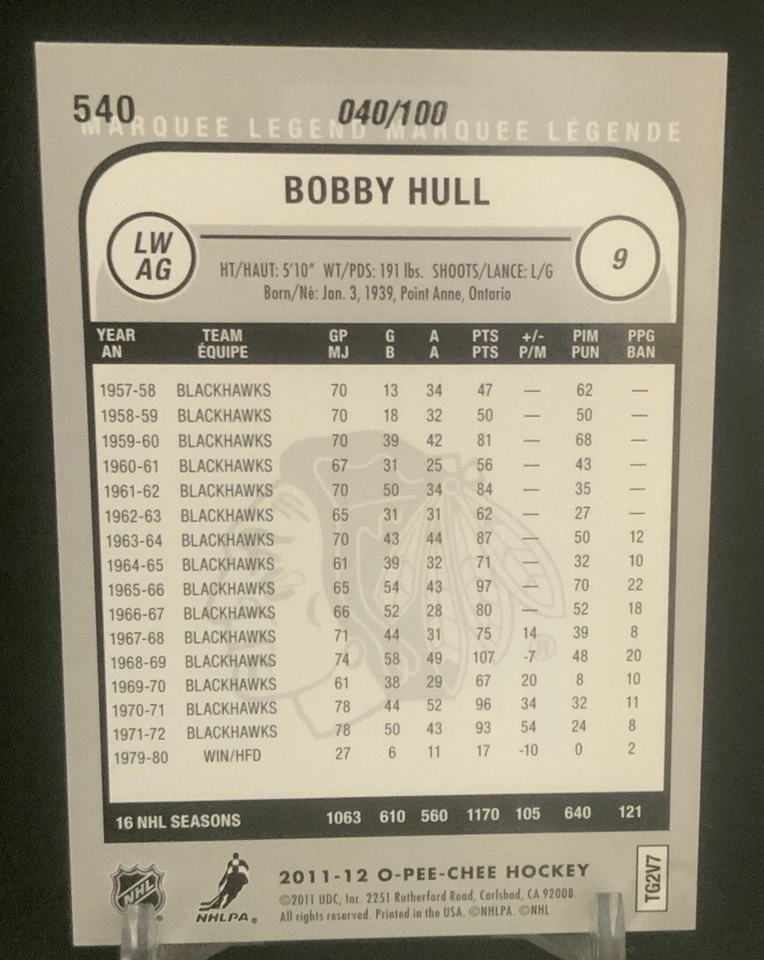 2011-12 O-Pee-Chee Marquee Legend Rainbow Foil Black 040 /100 Bobby Hull HOF - Image 2 of 2