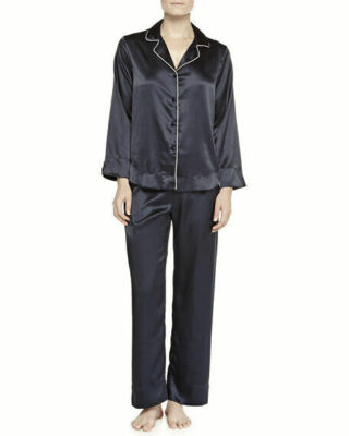 Neiman Marcus Silk Satin Two Piece Black Pajama Set L55707 Size Large
