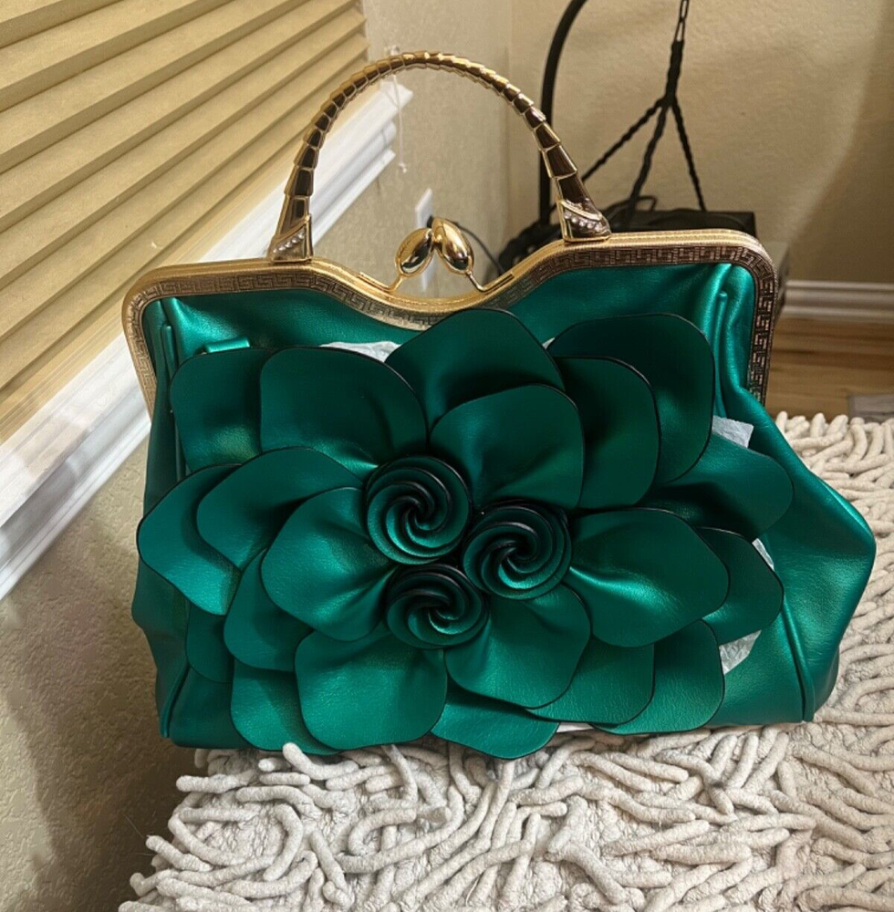 WOMENS FASHION GREEN PURSE FLOWER TOP HANDLE W/SHOULDER STRAP HANDBAG