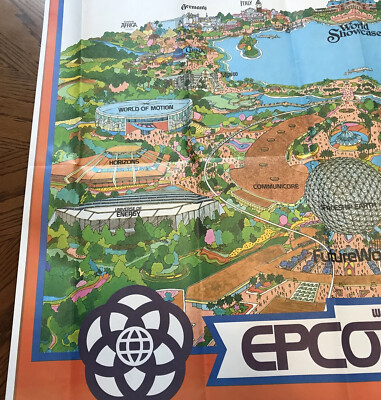 レア・パーク地図『米国エプコットセンター(1982)』&ステッカー中古品 VTG 1982 Walt Disney World Epcot Center Park Map Original 45
