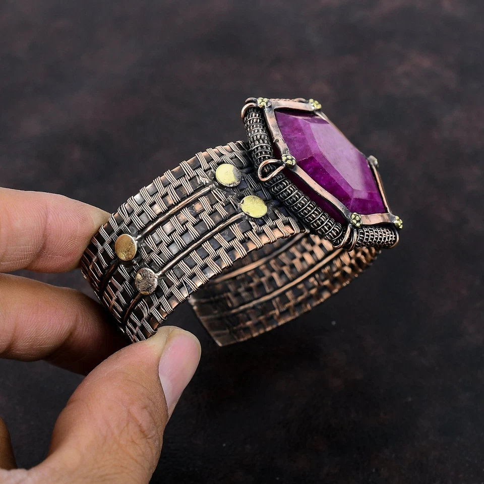 Gift For Women Jewelry Wire Wrapped Adjustable Cuff Copper Gemstone Handmade - Image 4 of 4