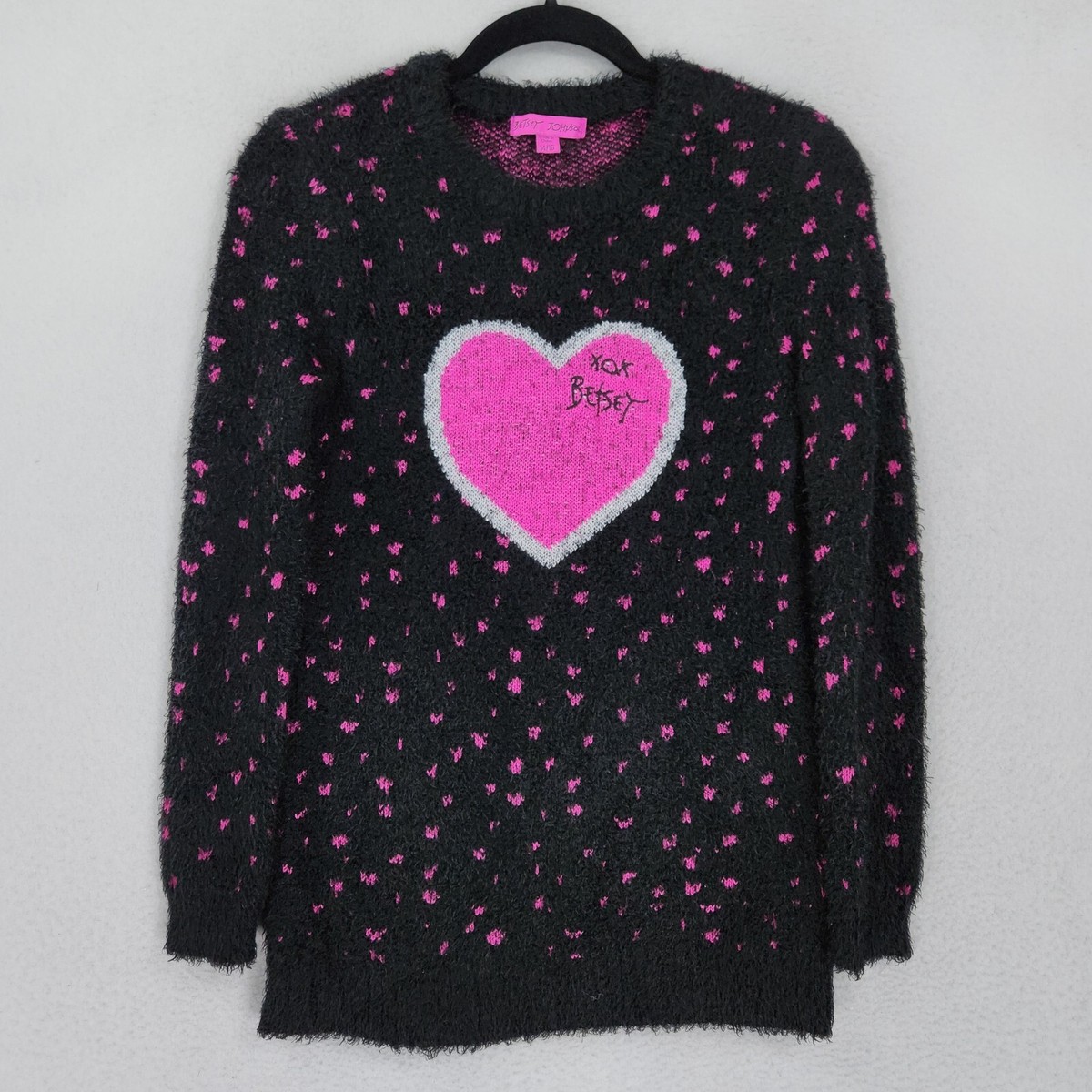 Betsey Johnson Sweater Girls 14 Black Pink Hearts Crew Neck