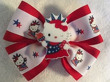 Girls Hair Bow 4" Wide Hello Kitty Red/White/Blue 4th of July Red Alligator Clip