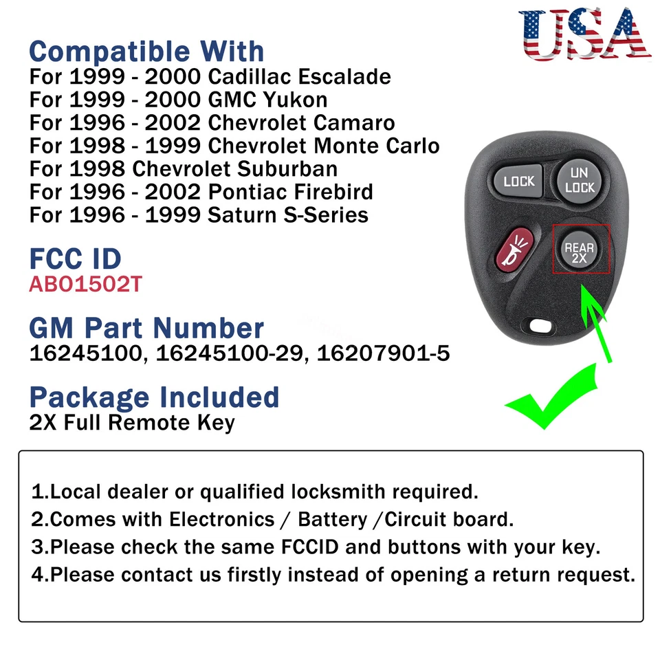 2 For 1996 1997 1998 1999 2000 2001 2002 Chevrolet Camaro Remote Control Key Fob - Image 2 of 4