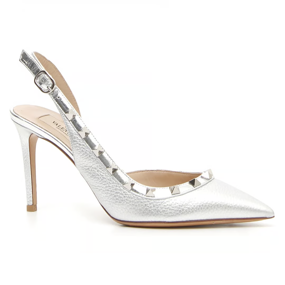 Valentino Rockstud 85 Silver Leather Classic Slingback Strap