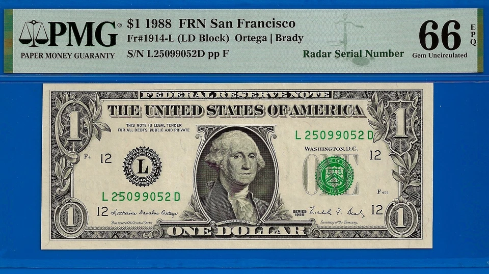 1988 $1 Federal Reserve Note PMG 66EPQ wanted 2nd highest graded radar Fr 1914-L - Image 3 of 4