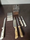 Vintage Armstrong Forge Knife Lot Of 9 Wood Handles With Block & Sharpener Japan