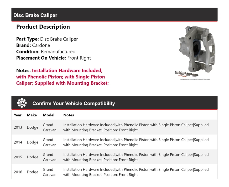 Pinza de freno de disco delantera derecha Cardone 2014 para Dodge Grand Caravan 2013-2016 Foto 2 de 4