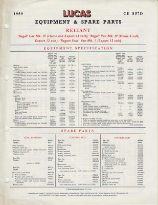 Reliant Regal Regent 1959 Lucas Spare Parts List 4 page NOT ILLUSTRATED 