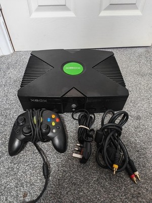 Microsoft Original Xbox Schwarz Konsole mit Controller & Kabeln getestet funktioniert