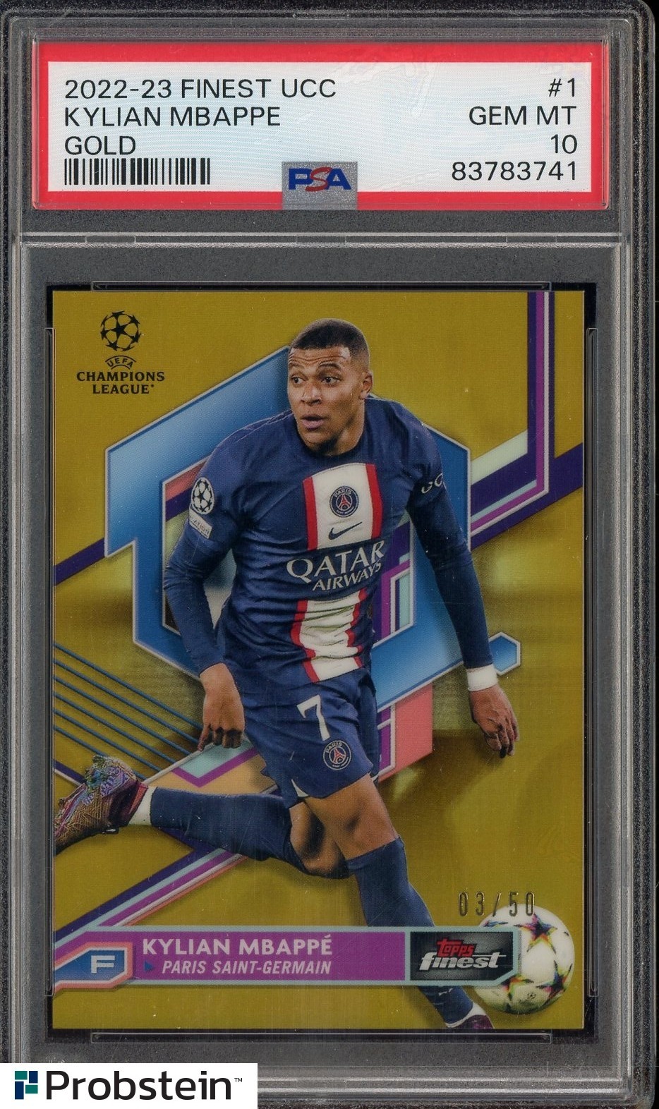 2022-23 Topps Finest UCC Soccer Gold #1 Kylian Mbappe 3/50 PSA 10 GEM MINT