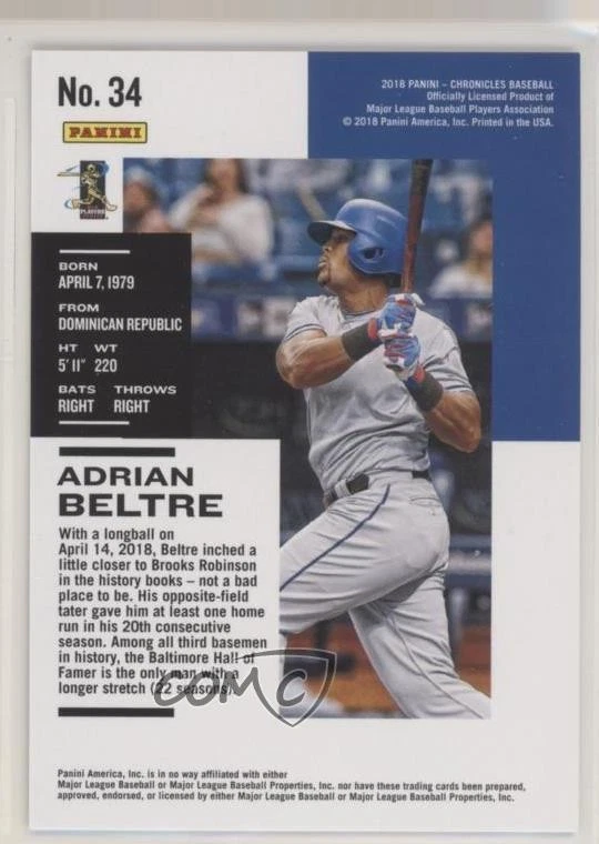 2018 Panini Chronicles Press Proof /299 Adrian Beltre #34 HOF - Image 2 of 2