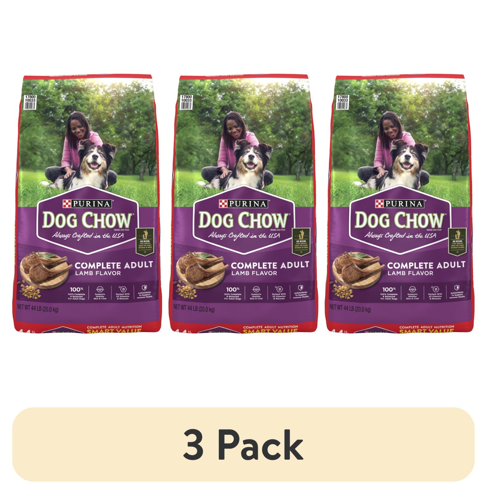 3 Pack Purina Dog Chow Complete Lamb Dry Dog Food, 44 lb Bags