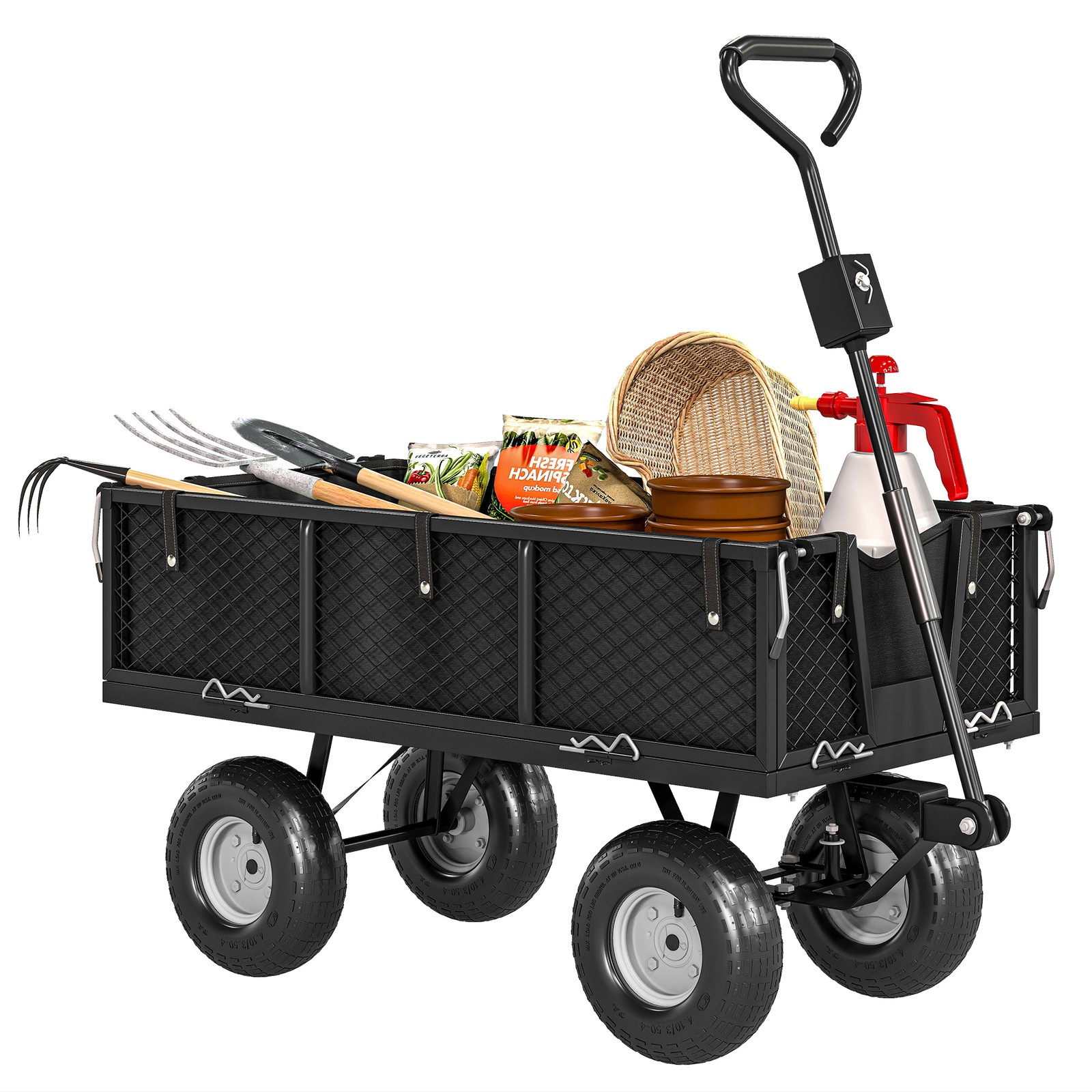 Outsunny Carrello da Giardino con Sacca Portaoggetti e Pareti Rimovibili Nero