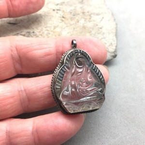 Carved Rock Crystal Buddha Pendant Sterling Silver Bhumisparsha Mudra Amulet