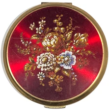 STRATTON Ladies Powder Compact Brass Red and White Floral Design #122