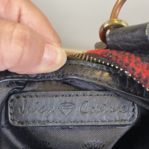 Juicy Couture Red Black Plaid fleece Wool metal Heart Lock 3 zip Tote/purse - Picture 11 of 13