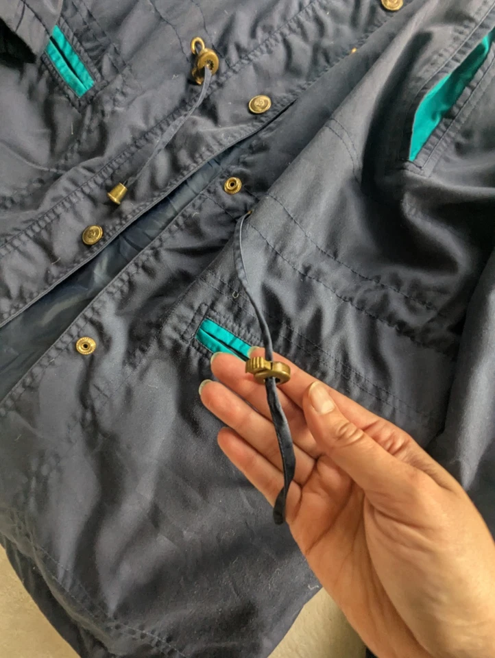 Vintage Basic Edition 80s Navy Teal Plaid Windbreaker Jacket Small Adjust Waist - Image 4 of 4