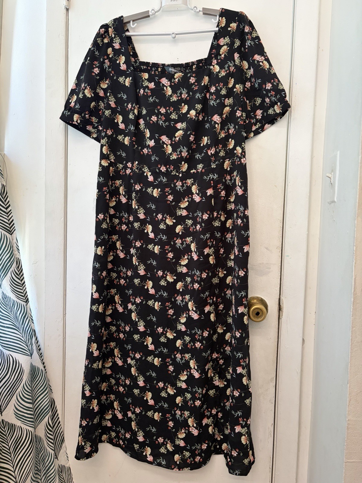 Allegra K Floral Smocked Midi Dress Black Square Neck Short Sleeve Size M