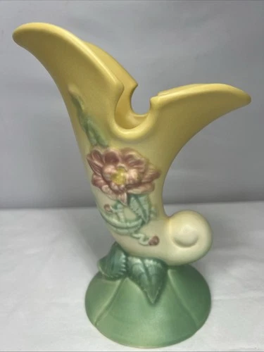 Vintage Hull Pottery Woodland Cornucopia Vase, Pink Green Cream, 7" Tall USA