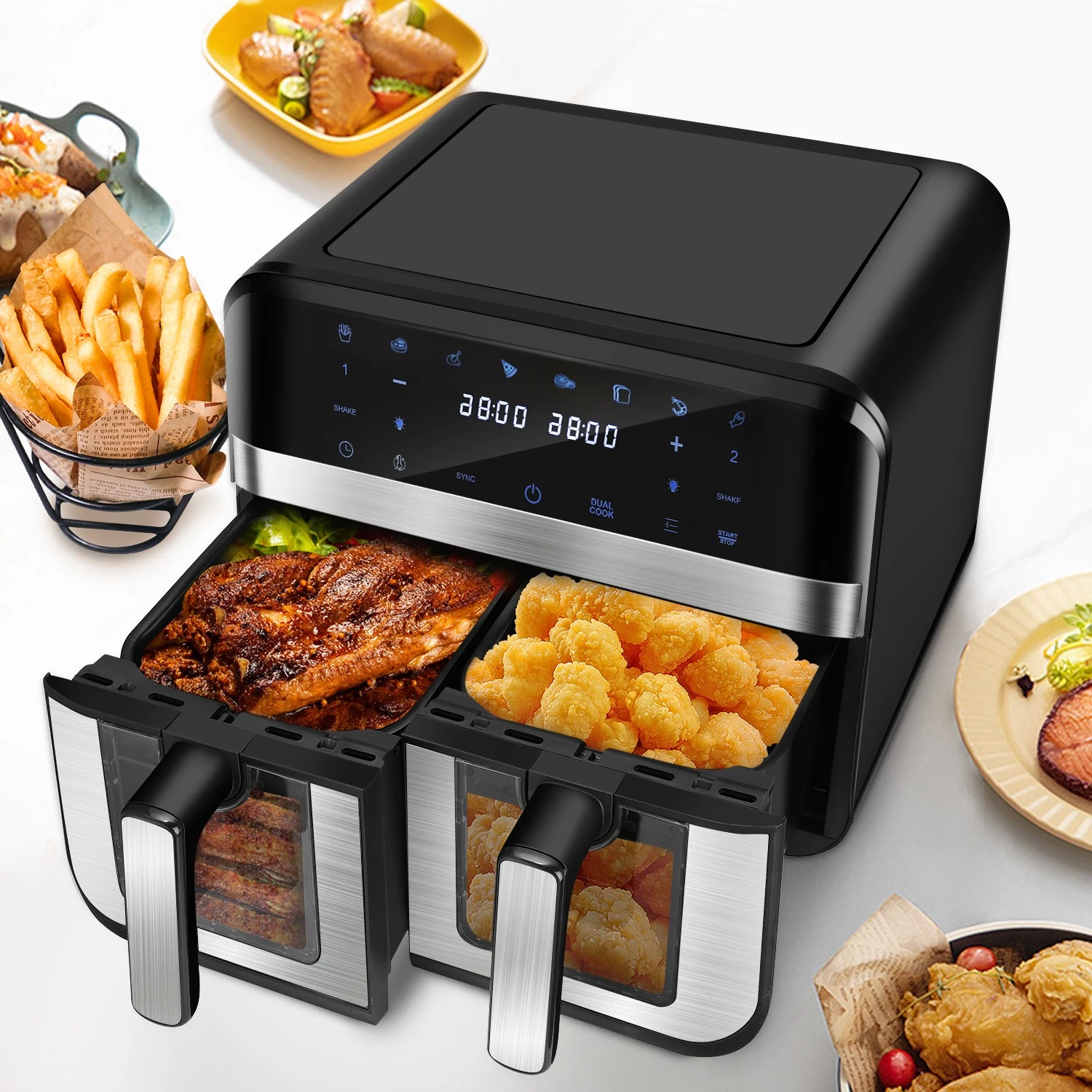 w/Viewing Double Air Black 8 Basket 1850W, 9L Presets 110V Window, Fryer -