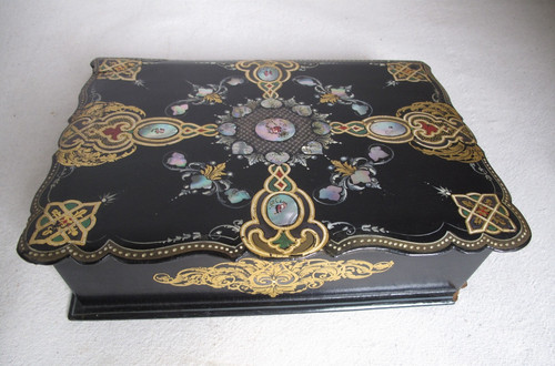 Antique Victorian Black Laquer Papier Mache Lap Desk Mother of Pearl Inlay