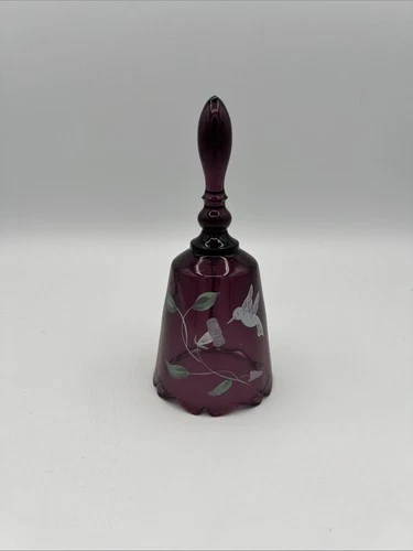 Fenton Hand Painted Amethyst Glass Bell 6.75" Hummingbird Signed J. Powell