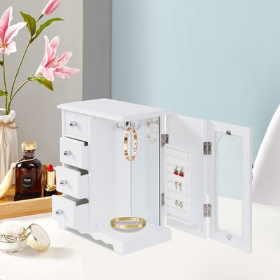 Jewelry Box,Wood Jewelry Organizer with 4 Drawers, White Jewelry Box with Mirror