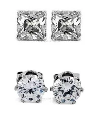 1 PAIR CZ CLEAR SQUARE/ROUND MAGNETIC Clip-On EARRINGS STUDS Men Women