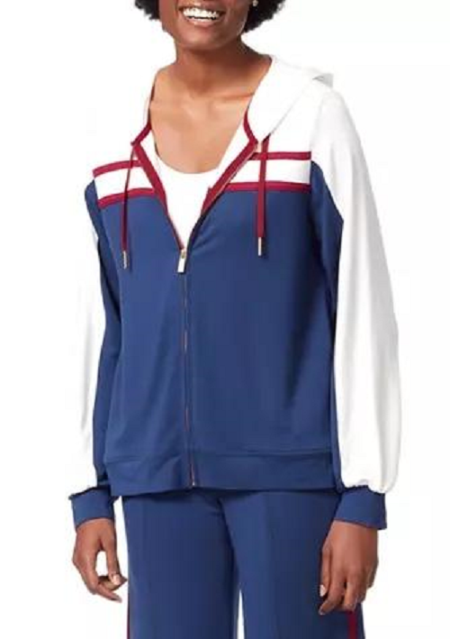 NEW ANNE KLEIN WHITE BLUE COLOR BLOCK HOODED JACKET SIZE L