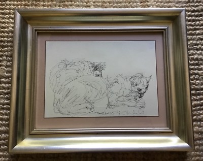 Hervorragende zeitgenössische moderne gerahmte Scribble Skizze Zeichnung von 2 Katzen signiert
