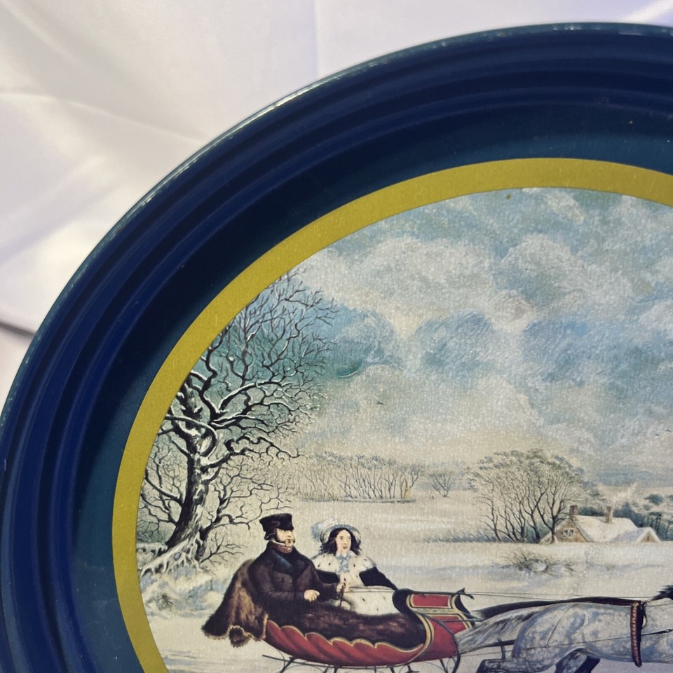 Vintage Currier & Ives Tin The Road Winter Horse Drawn Sleigh Snow