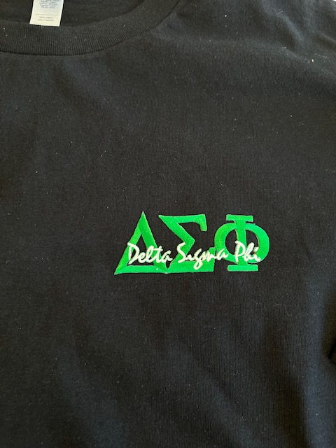 Delta Sigma Phi Black T Shirt w/Embroidered Letters size Small