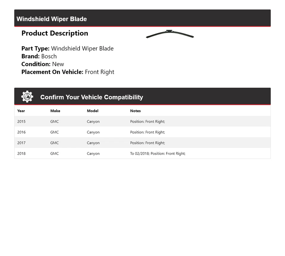 Щетка стеклоочистителя переднего правого стекла для GMC Canyon Bosch ICON 2015–2018 годов 2016 2017 годов - Изображение 2 из 3