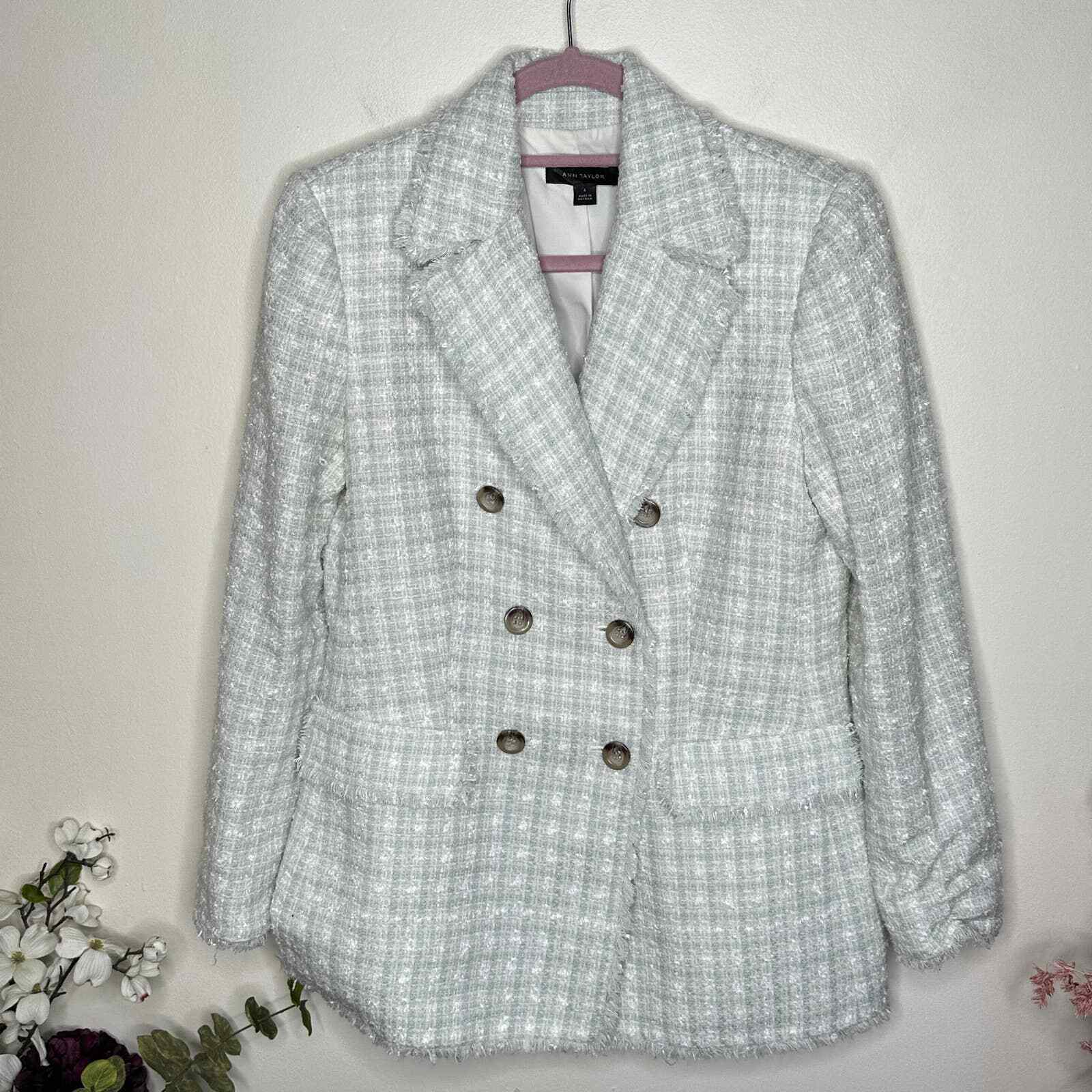 ANN TAYLOR Fringe Tweed Double Breasted Jacket Ic… - image 4