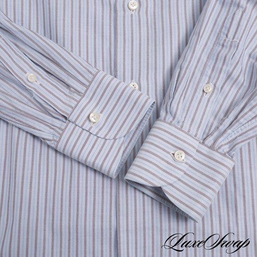 Borrelli Napoli Business Blue Cappuccino Alternating Stripe Dress Shirt 16 Italy - Imagen 6 de 7
