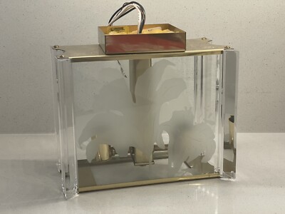 FREDRICK RAMOND BRASS & LUCITE  ETCHED GLASS CHANDELIER MID-CENTURY 1985