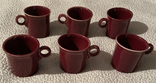 Fiesta Ware Claret/Wine O Ring Handle Coffee Mugs Set of 6 HLC USA Cups Vintage