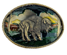 Vintage Great American Buckle Co 468 Bison Buffalo Enameled Belt Buckle USA