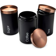 RLS Black Set of 3 Tea, Coffee, Sugar canisters Storage Container Set copper