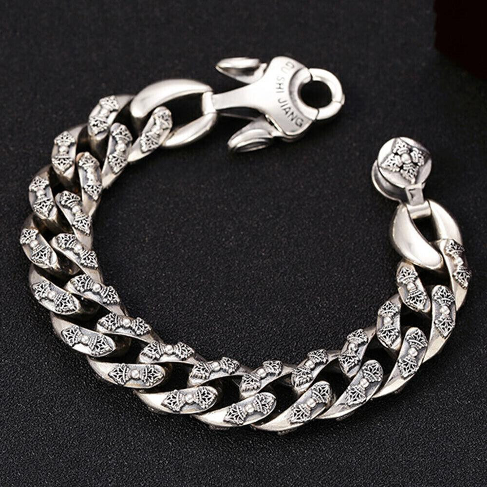 Pure S925 Sterling Silver Chain Men Vajra 14mm Curb Link Bracelet