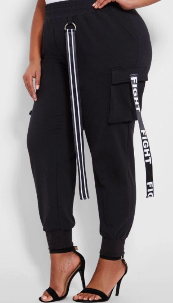 Ashley Stewart 18 20 Black Cargo Pocket Jogger Fight Graphic