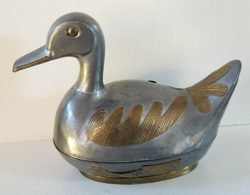 Large Pewter Metal Duck Trinket Box Brass Accents 1960's Hong Kong 7"L 2 Pounds - Picture 5 of 12