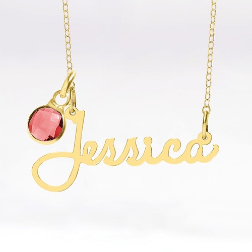 Collar personalizado de oro o plata de ley con cualquier nombre para ella con piedras de nacimiento - Imagen 1 de 6