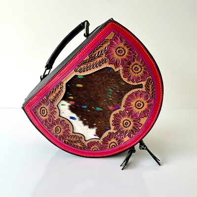 Western Cowhide Leather Makeup Case Pink Travel Cosmetic Bag