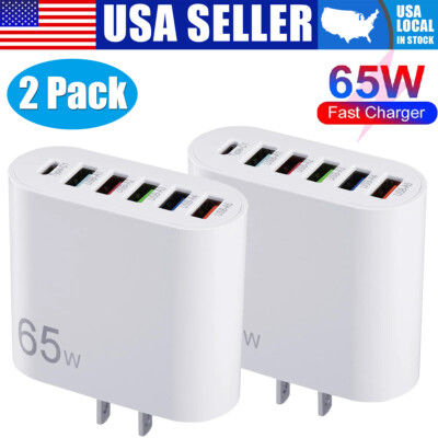 65W Fast Wall Charger 6 USB Ports Hub PD Type C QC3.1 Power Supply Adapter White